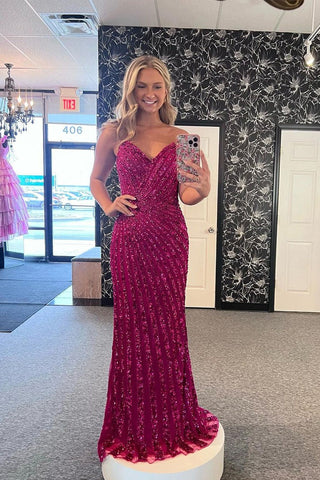 Fuchsia Mermaid Strapless Sequins Long Prom Dresses
