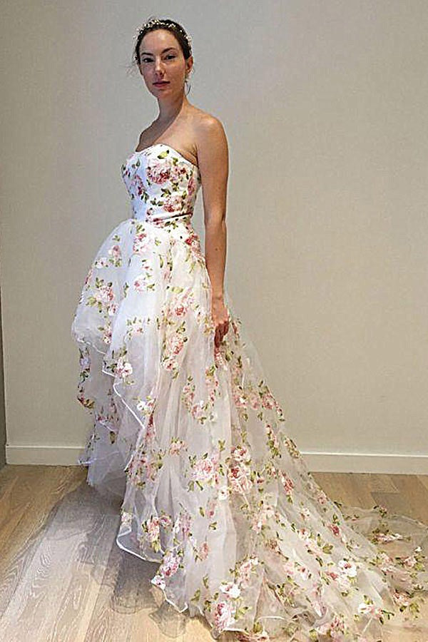 Floral Tulle High Low Strapless Prom Dress