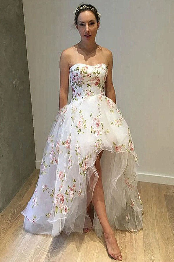 Floral Tulle High Low Strapless Prom Dress