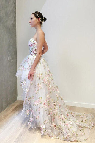 Floral Tulle High Low Strapless Prom Dress