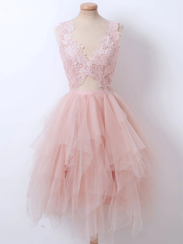 Fluffy V Neck Short  Lace Prom, Formal Graduation Homecoming Dresses