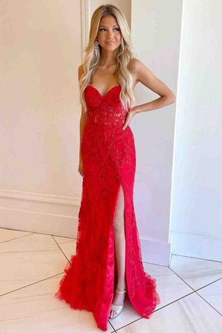 Mermaid  Lace Strapless Corset  Prom Dress with Slit