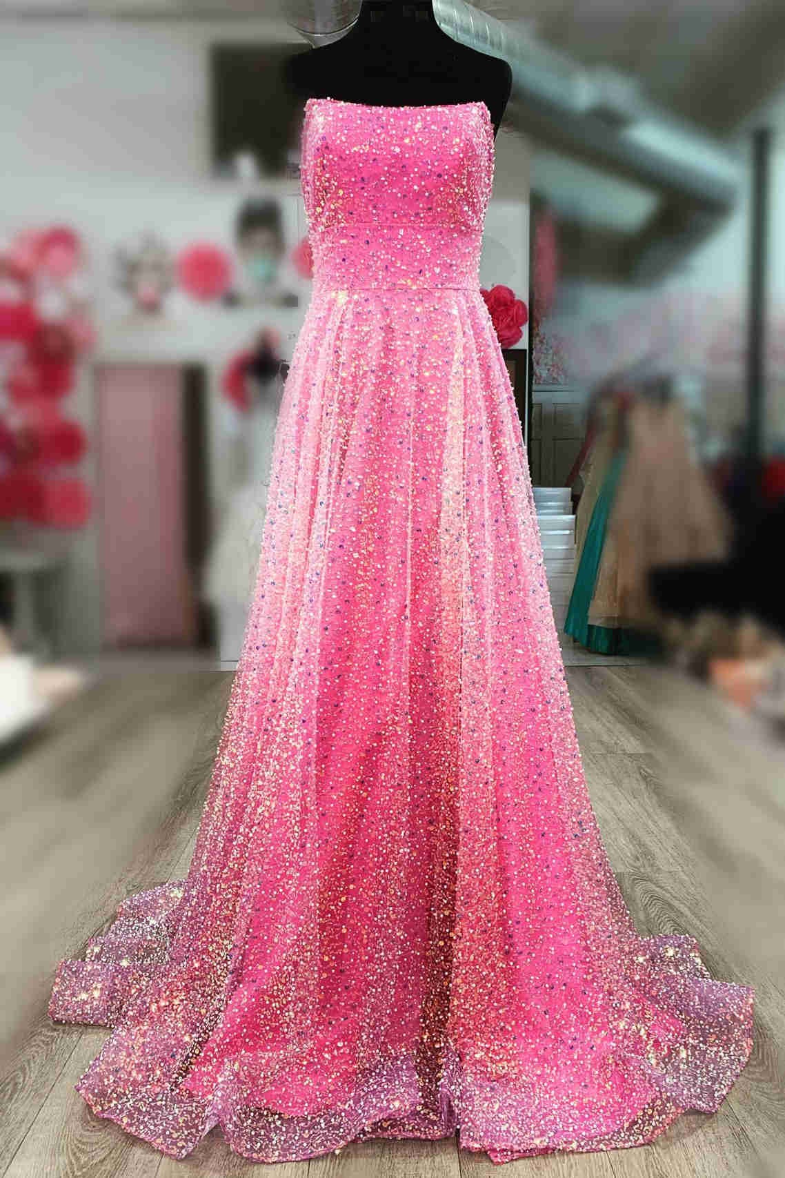 A-Line Strapless Sequins Hot Pink Long Prom Dress