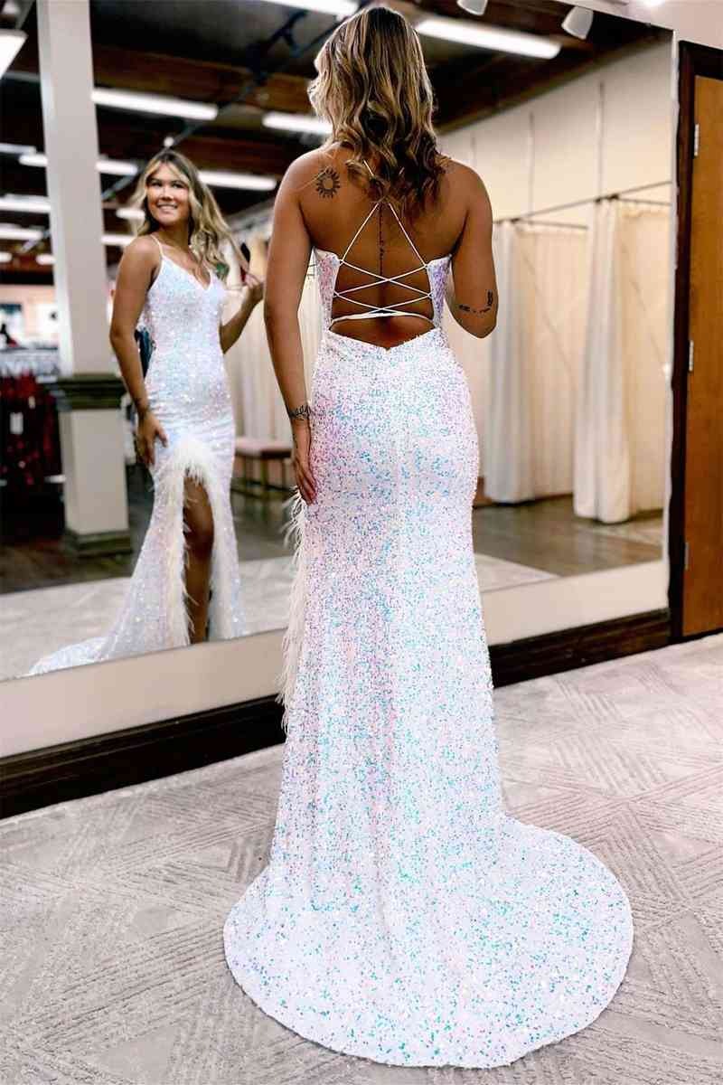 Long Mermaid V Neck Sequins  Prom Dress with Slit