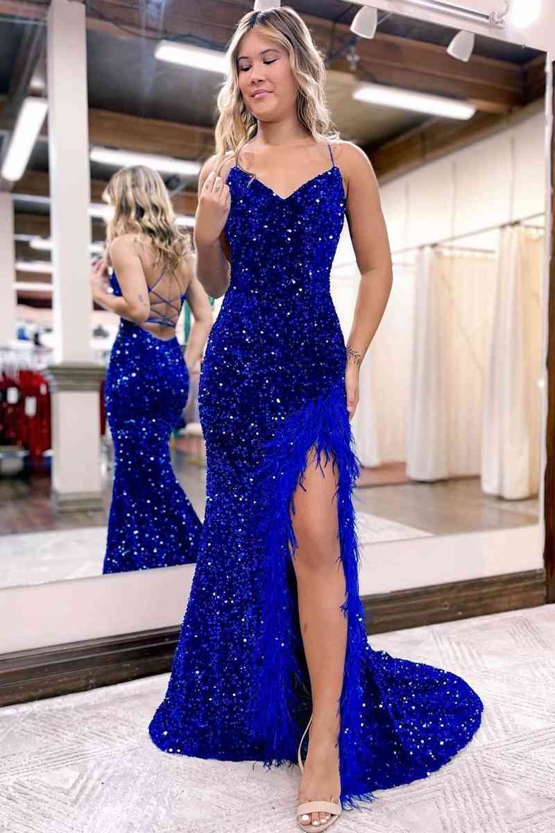 Long Mermaid V Neck Sequins  Prom Dress with Slit