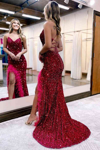 Long Mermaid V Neck Sequins  Prom Dress with Slit