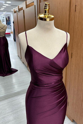 Lace-Up Back Pleated Long V Neck Prom Dress with Silt