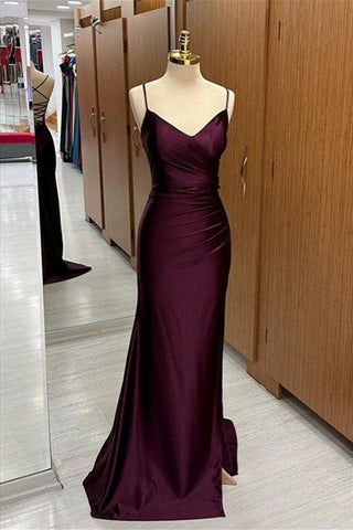Lace-Up Back Pleated Long V Neck Prom Dress with Silt