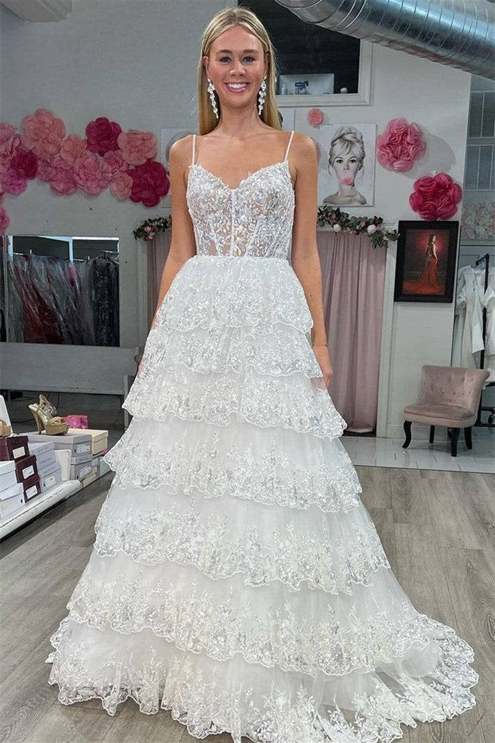 A-Line Spaghetti Straps Layered Prom Dress with Sequin