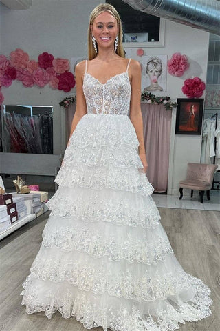 A-Line Spaghetti Straps Layered Prom Dress with Sequin