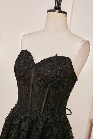 Black Sweetheart Corset Lace-Up Long Prom Dress with Appliques