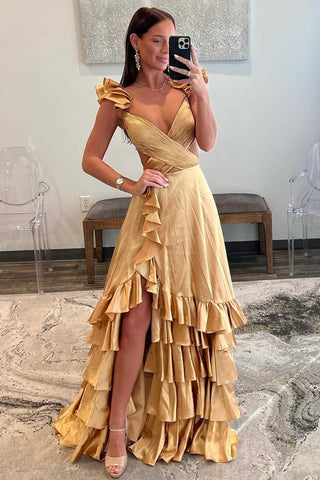 Straps Pleated Layered Ruffled Long Prom Dress