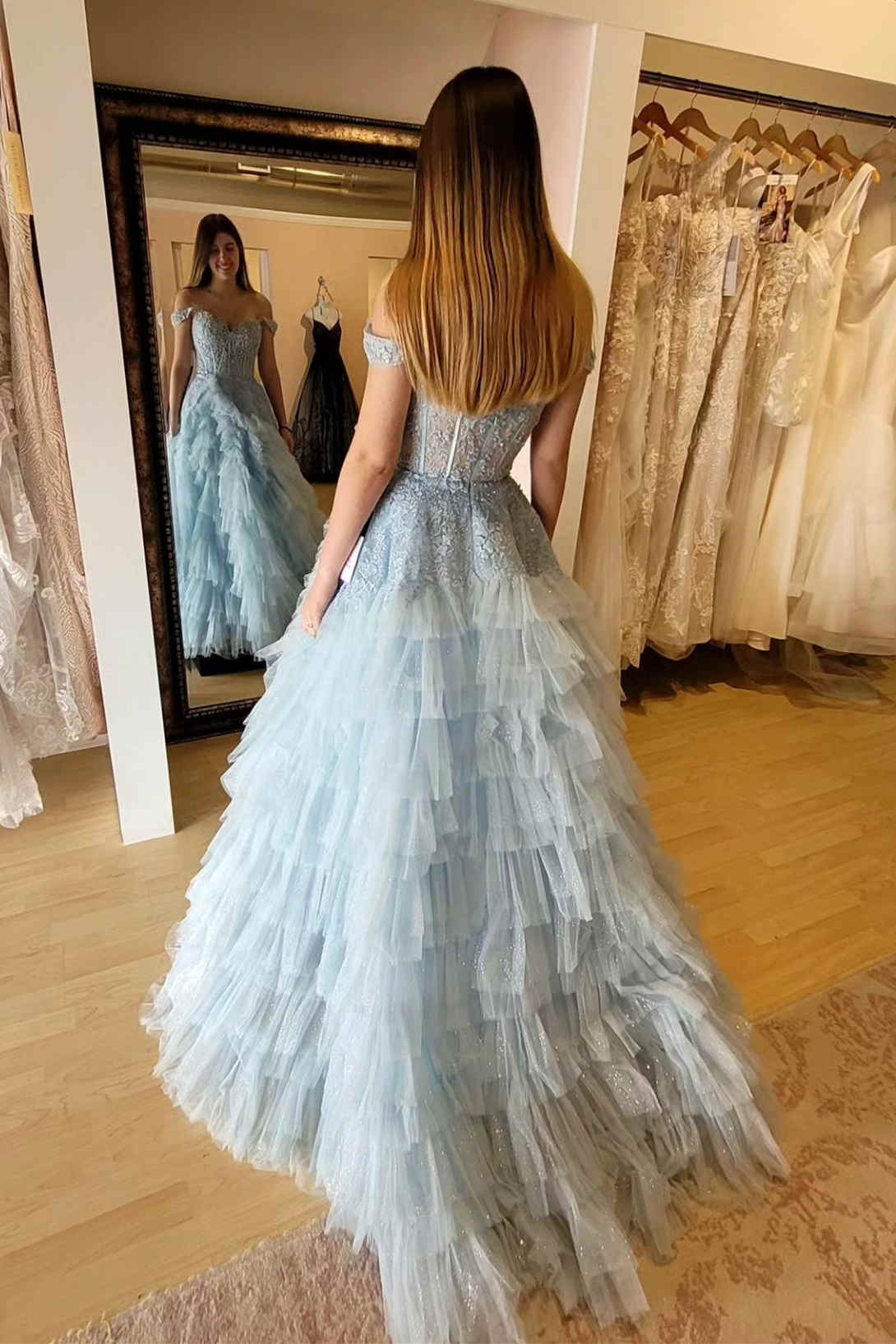 Sheer Bodice Ruffle Off the Shoulder Tulle Prom Dress