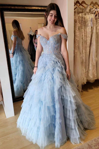 Sheer Bodice Ruffle Off the Shoulder Tulle Prom Dress