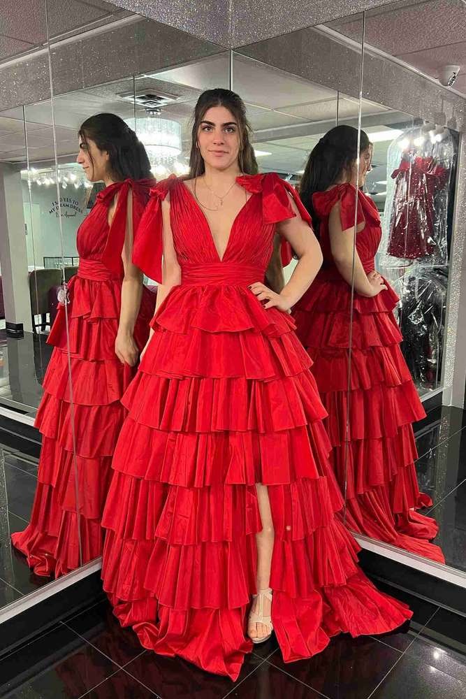 Plunging V-Neck Bow Straps Ruffle Ball Gown