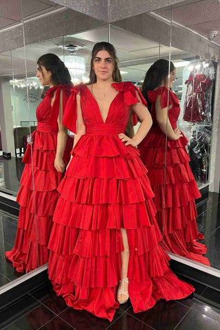 Plunging V-Neck Bow Straps Ruffle Ball Gown