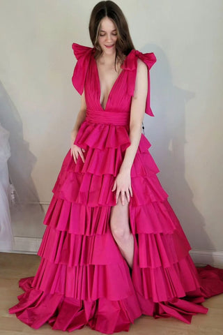 Plunging V-Neck Bow Straps Ruffle Ball Gown
