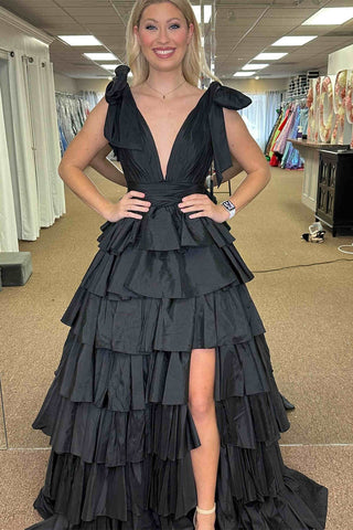 Plunging V-Neck Bow Straps Ruffle Ball Gown
