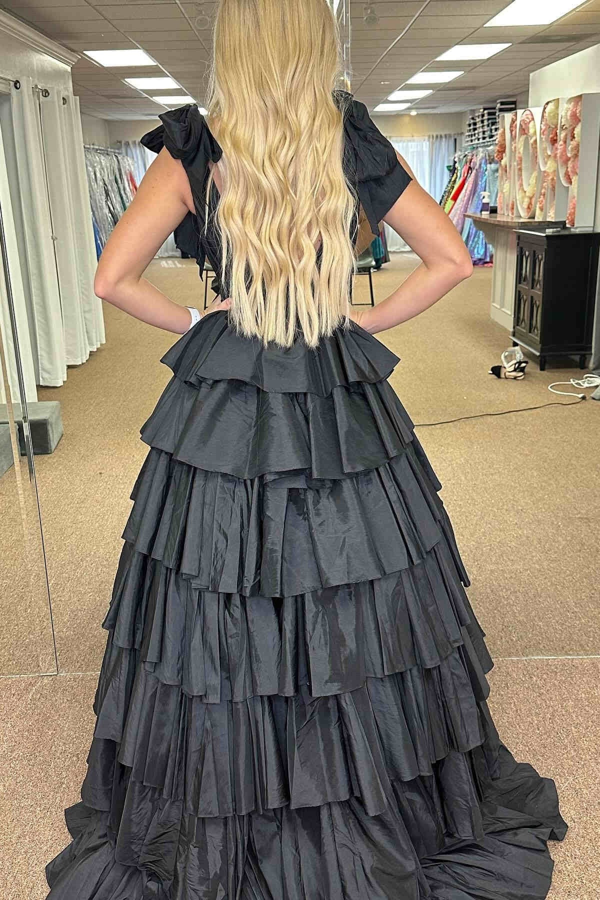 Plunging V-Neck Bow Straps Ruffle Ball Gown