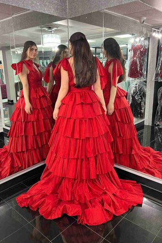 Plunging V-Neck Bow Straps Ruffle Ball Gown