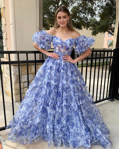 A Line Floral Tulle Off The Shoulder  Prom Dress