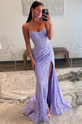 Lace Strapless  Ruched Mermaid Prom Dress with Slit