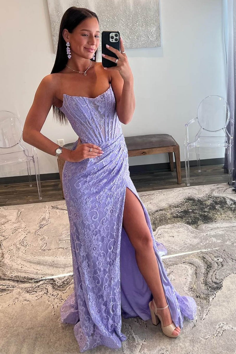Lace Strapless  Ruched Mermaid Prom Dress with Slit