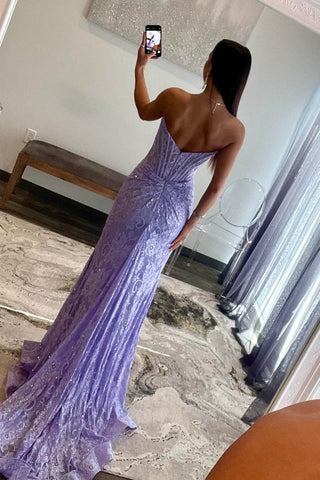 Lace Strapless  Ruched Mermaid Prom Dress with Slit