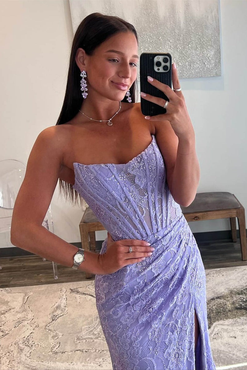 Lace Strapless  Ruched Mermaid Prom Dress with Slit