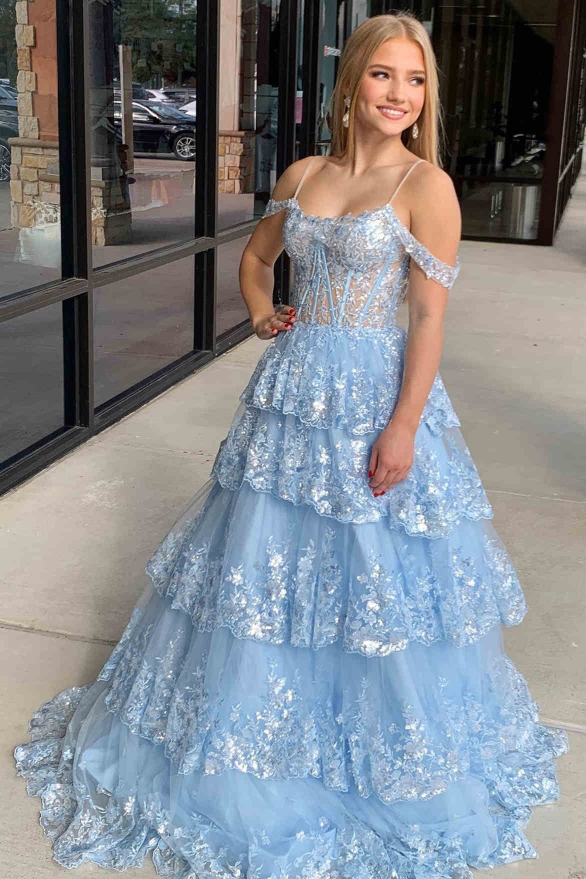 A-Line Sequin Ruffle Tiered Prom Dress