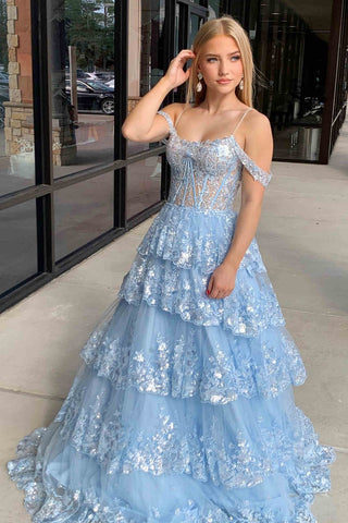 A-Line Sequin Ruffle Tiered Prom Dress