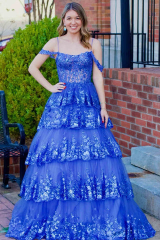 A-Line Sequin Ruffle Tiered Prom Dress