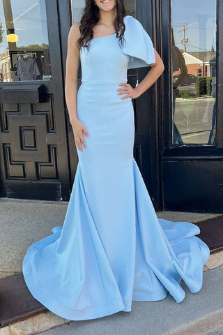 Mermaid One Shoulder Lignt Blue Satin Prom Dress