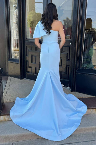 Mermaid One Shoulder Lignt Blue Satin Prom Dress