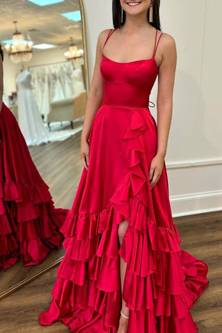 Mermaid Crew Neck Ruffle Slit  Prom Dress with Lace-Up