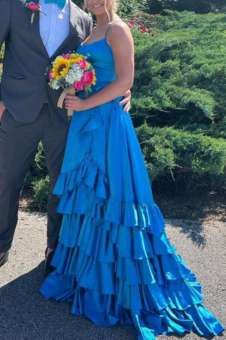 Mermaid Crew Neck Ruffle Slit  Prom Dress with Lace-Up