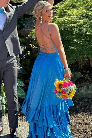 Mermaid Crew Neck Ruffle Slit  Prom Dress with Lace-Up