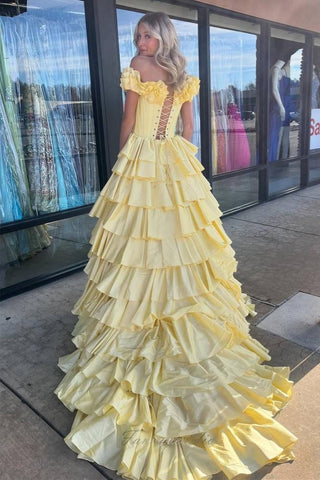 A-Line Off the Shoulder Yellow Layered Slit Prom Dress with Ruffle