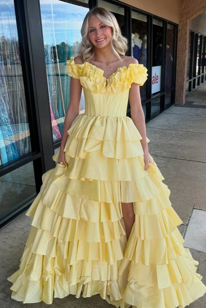 A-Line Off the Shoulder Yellow Layered Slit Prom Dress with Ruffle
