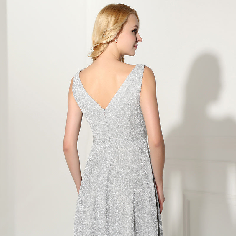 Elegant Sleeveless Light Gray V - Neck Long Evening Gown Prom Dress, SD369
