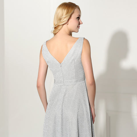 Elegant Sleeveless Light Gray V - Neck Long Evening Gown Prom Dress, SD369