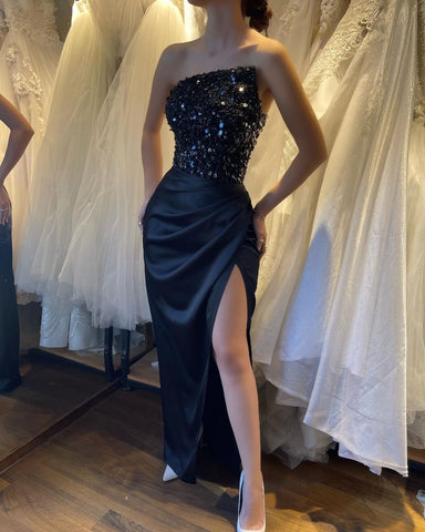 Prom Dress with Sequins, Sleeveless, Strapless and High Slit