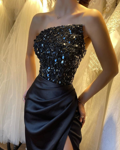 Prom Dress with Sequins, Sleeveless, Strapless and High Slit