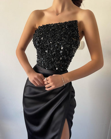 Prom Dress with Sequins, Sleeveless, Strapless and High Slit