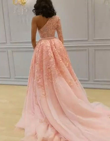 Glamorous One Shoulder Mermaid Long Sleeve Lace Evening Dresses ,Prom Dress Overskirt