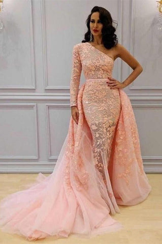 Glamorous One Shoulder Mermaid Long Sleeve Lace Evening Dresses ,Prom Dress Overskirt