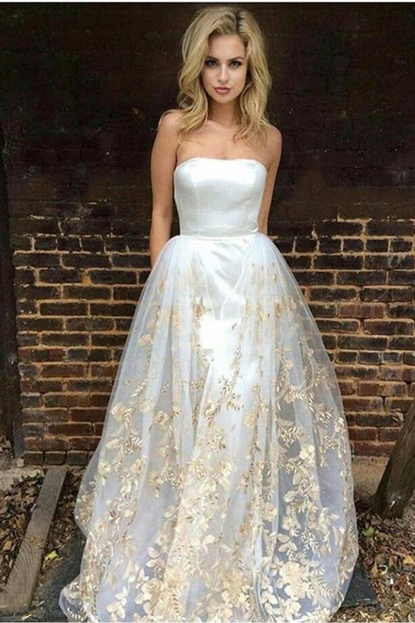 Glamorous Strapless Long Lace Appliqued Prom Dresses