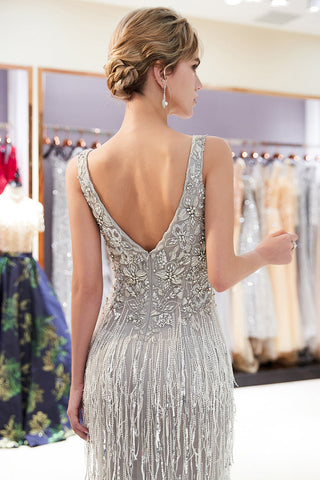 Mermaid V-Neck Sleeveless Long Sequins Prom Dresses ,Evening Gown With Tassels