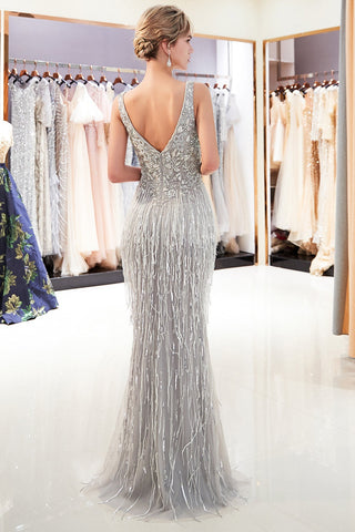 Mermaid V-Neck Sleeveless Long Sequins Prom Dresses ,Evening Gown With Tassels