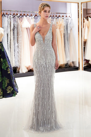 Mermaid V-Neck Sleeveless Long Sequins Prom Dresses ,Evening Gown With Tassels